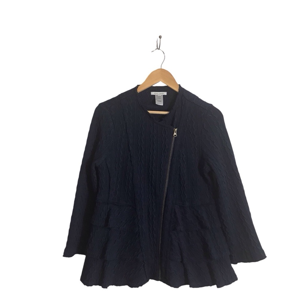 John Mark Small Navy‎ Asymmetrical Zip Peplum Tiered Cable Knit Sweater Cozy